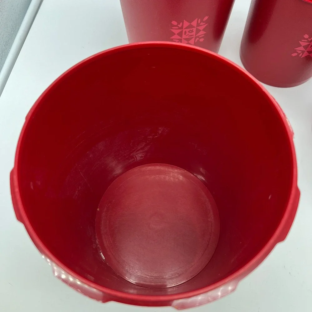 Tupperware Servalier Canister Set 4pc Red Tulip Quilt Vintage 70s Sunburst Lid